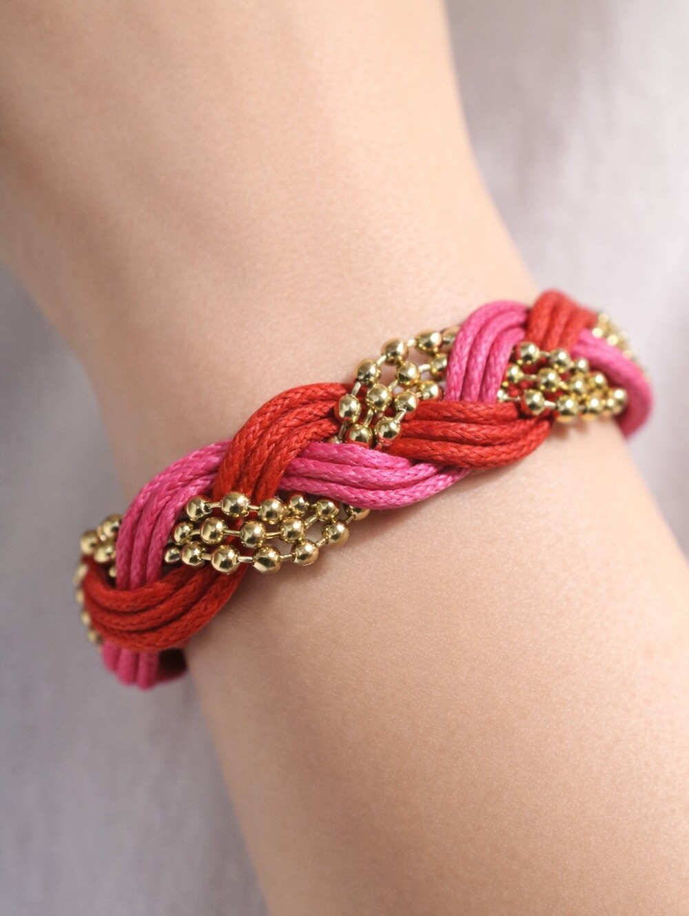 Adjustable Gold tone & Pink Braided Cord Bracelet - Women's Fashion Jewelry